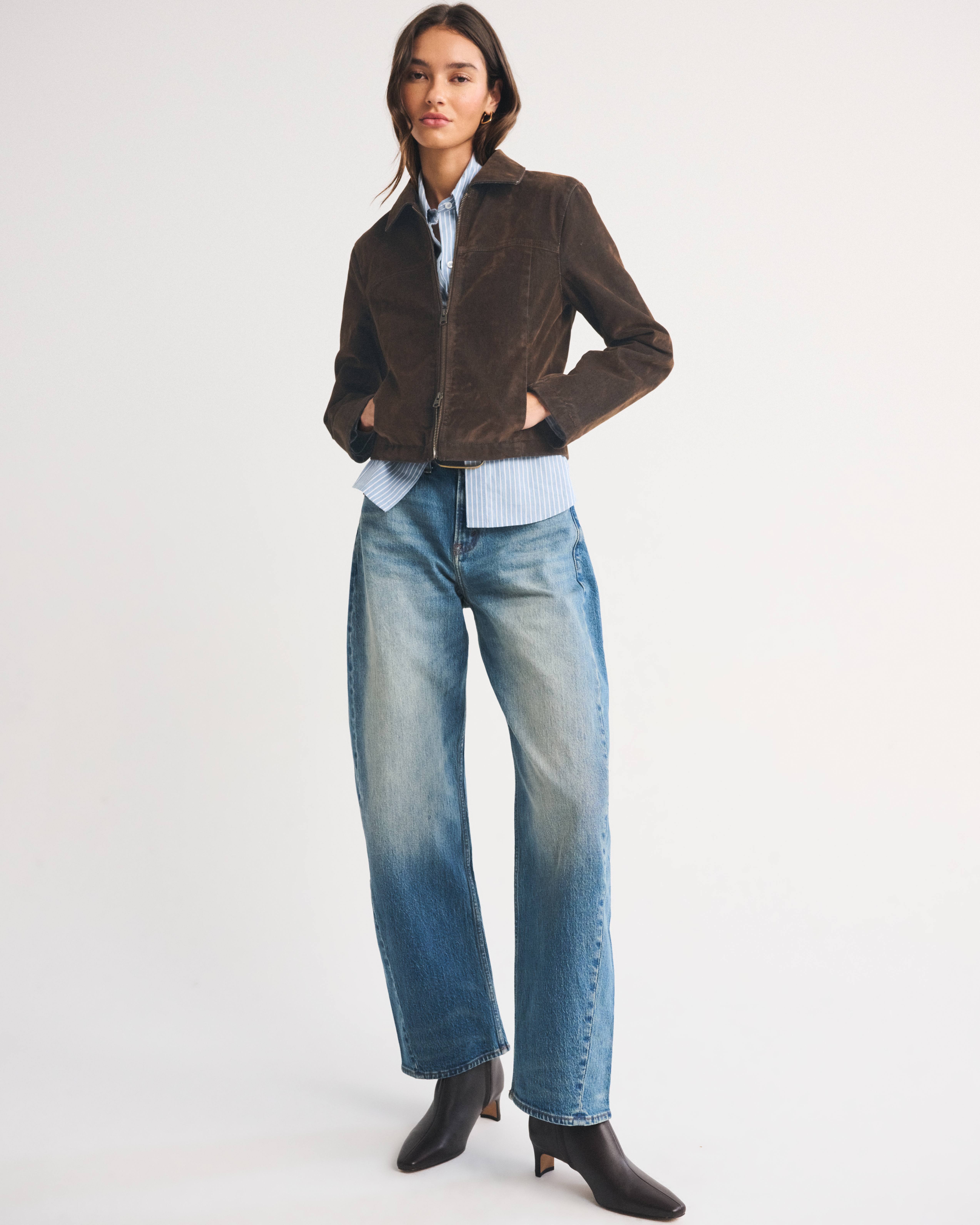 Женская куртка Abercrombie & Fitch Slim Zip Velvet Denim Jacket, цвет: Тёмный коричневый — фото 3