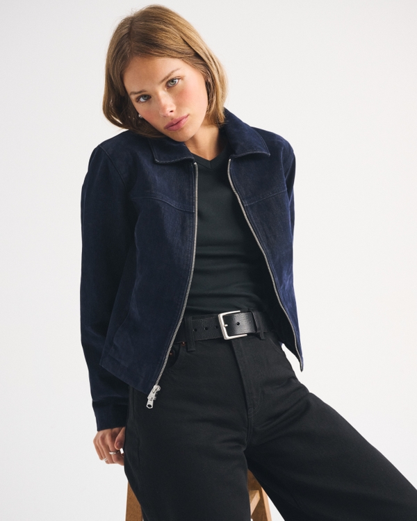 Slim Zip Velvet Denim Jacket