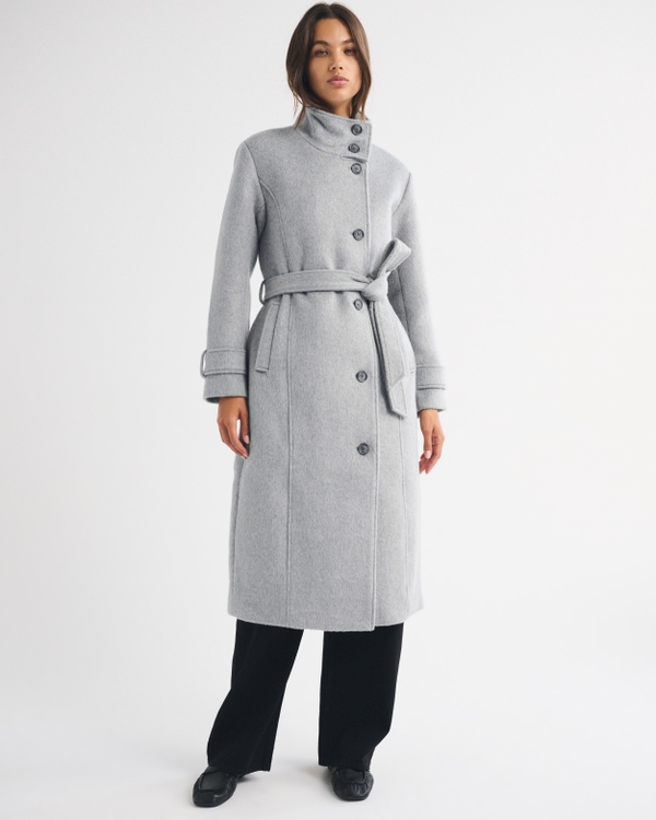 Wool-Blend Funnel Neck Long Coat