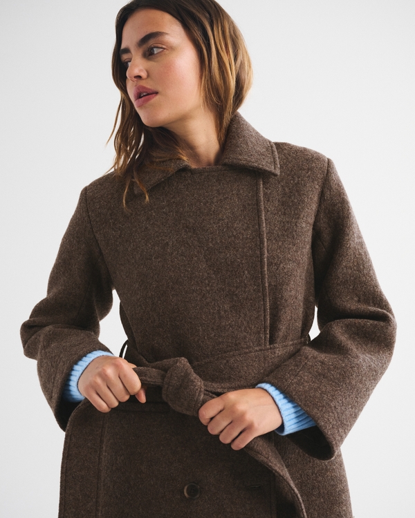 100% Wool Belted Coat, Brown view 2