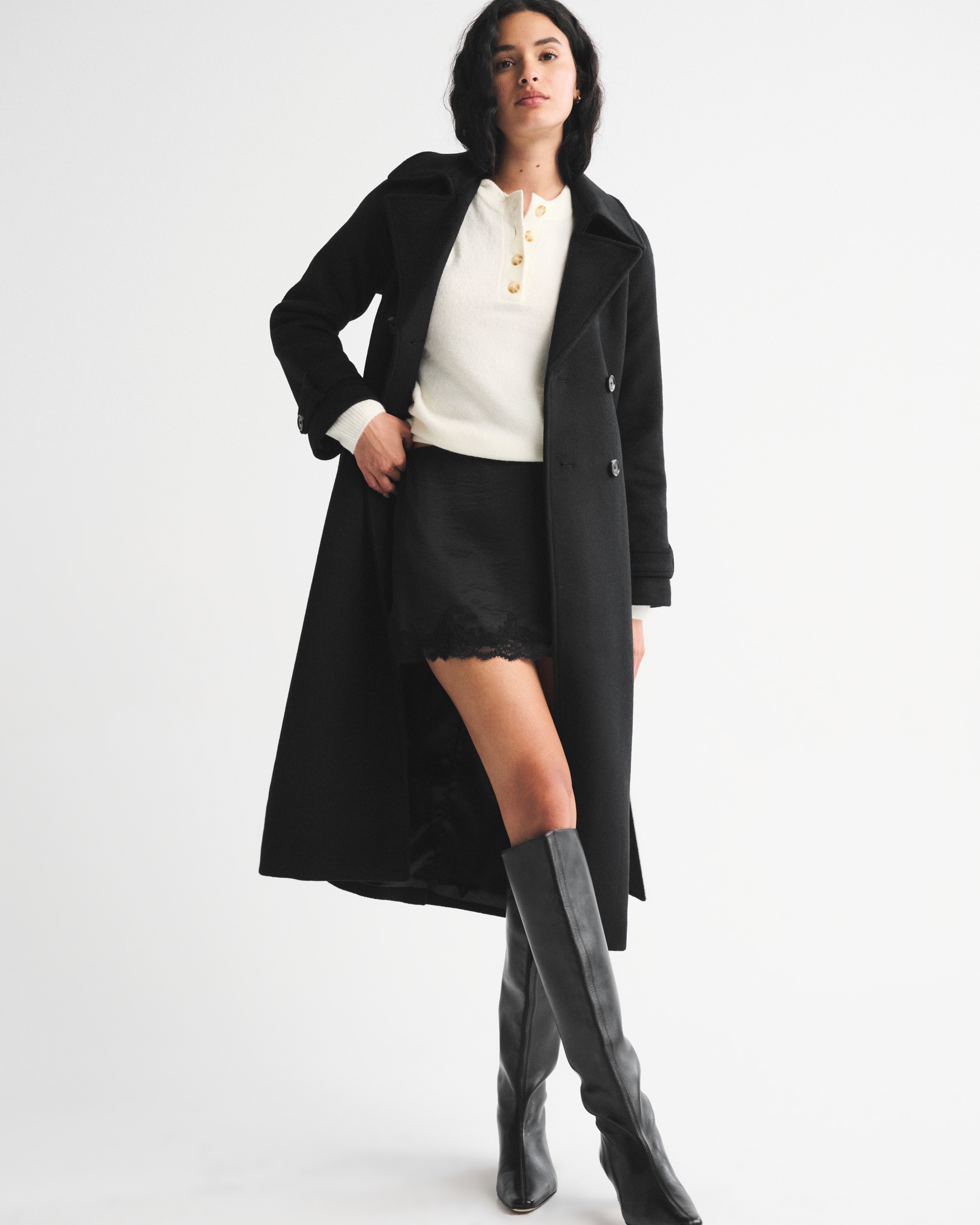 Женское пальто Abercrombie & Fitch A&F Carrie Wool-Blend Trench, цвет: Чёрный — фото 3