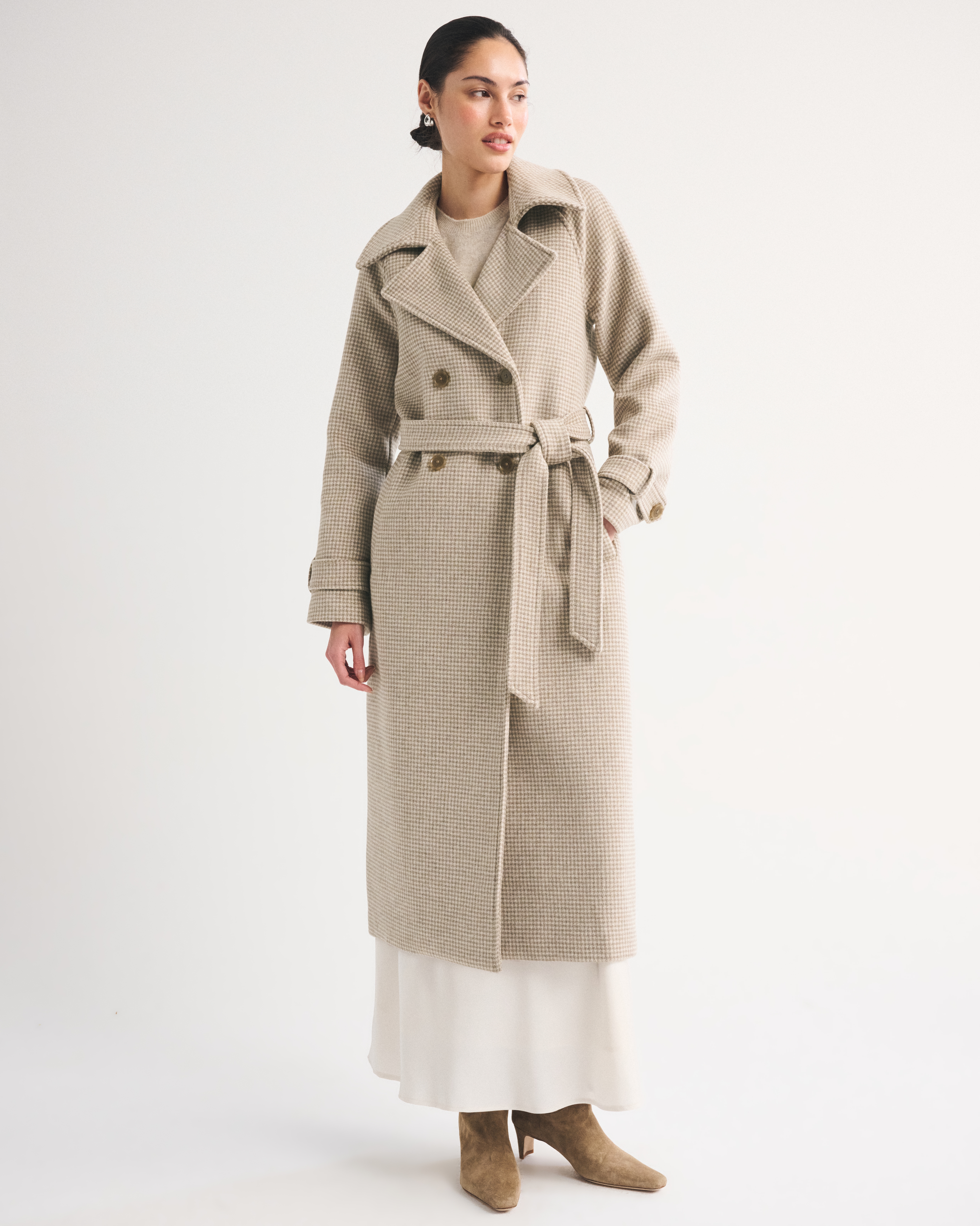 Abercrombie & Fitch A&f Carrie Wool-blend Trench Coat In Light Brown Houndstooth