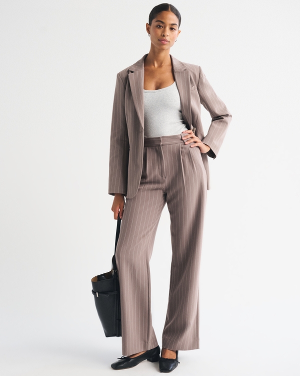 Nipped-Waist Suiting Blazer, Smoky Brown Pinstripe view 2