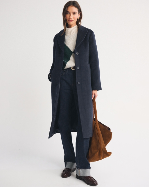 Wool-Blend Tailored Topcoat, Muted Navy view 1