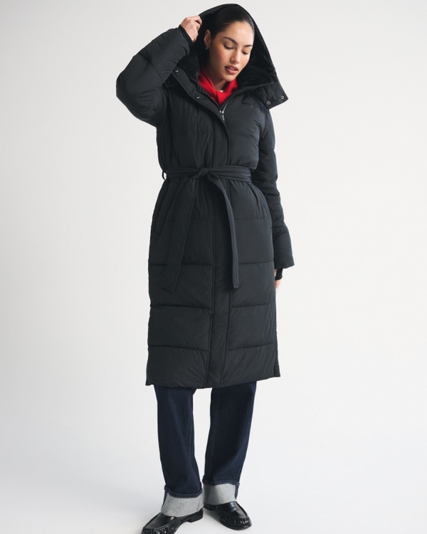 Hooded Belted Long Puffer Coat by Abercrombie & Fitch