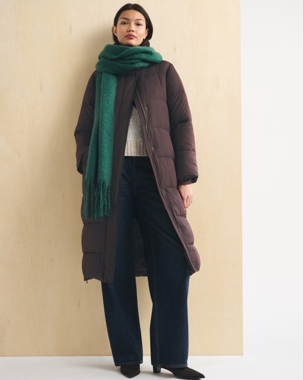 Hooded Belted Long Puffer Coat, Dark Coffee view 1
