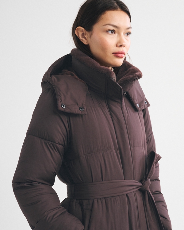 Hooded Belted Long Puffer Coat, Dark Coffee view 2