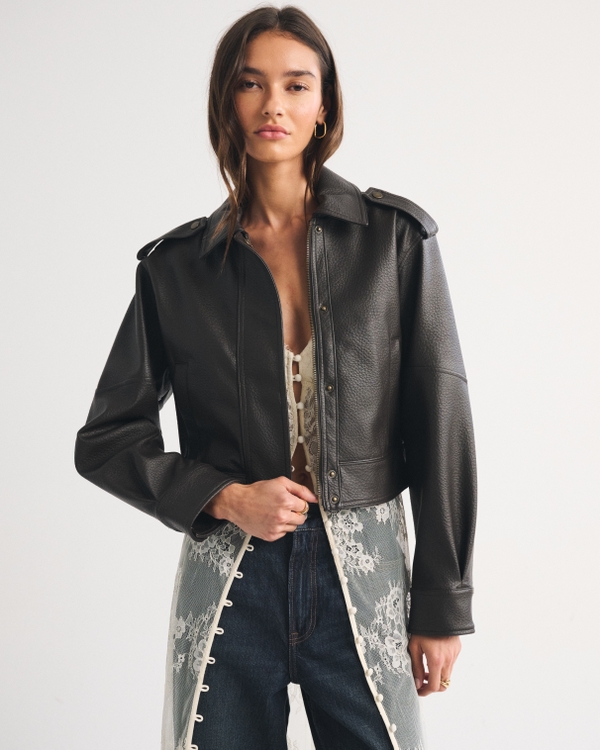Shrunken Vegan Leather Bomber Jacket, Brown view 1