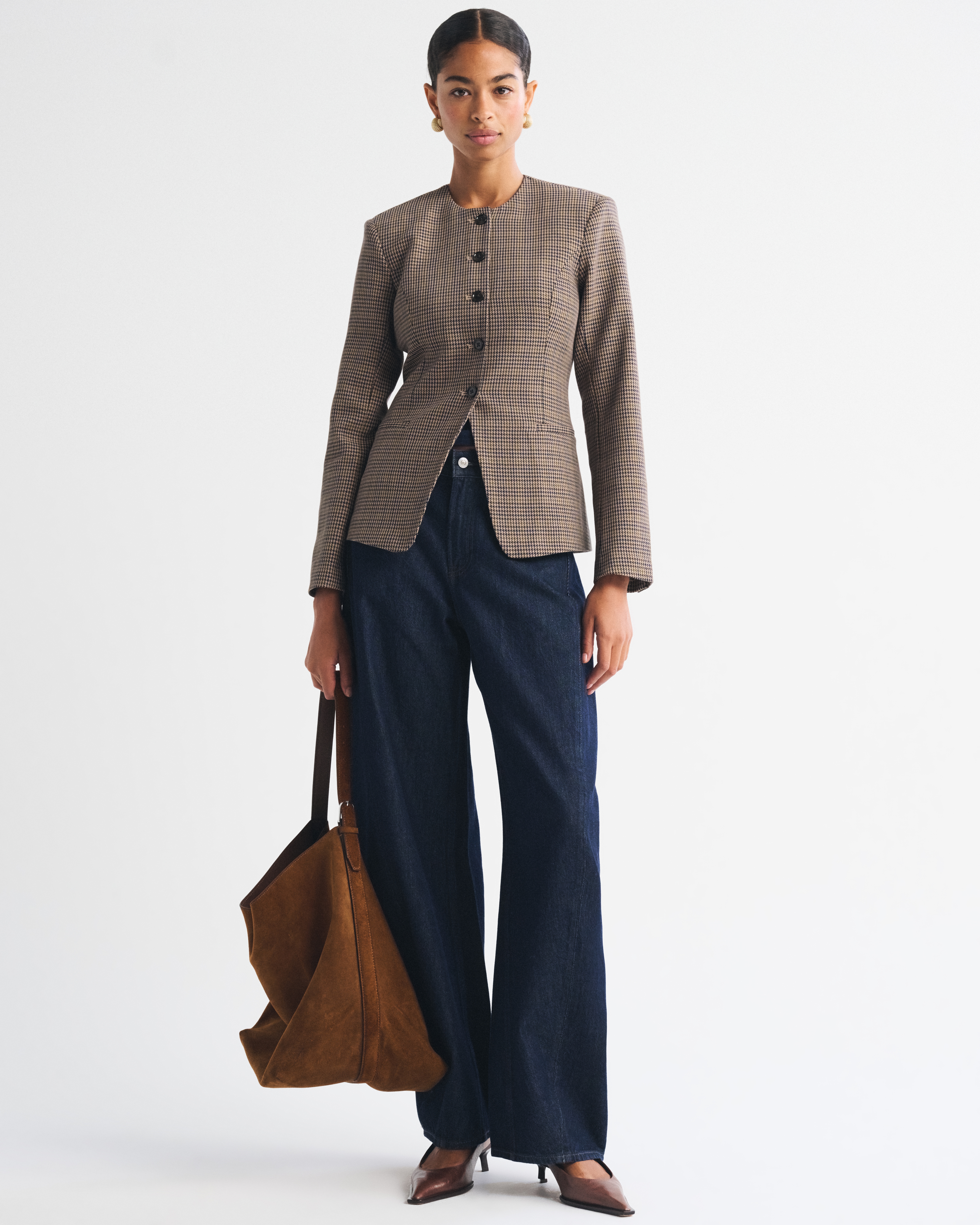 Женский пиджак Abercrombie & Fitch Collarless Suiting Blazer, цвет: Коричневая гусиная лапка — фото 3