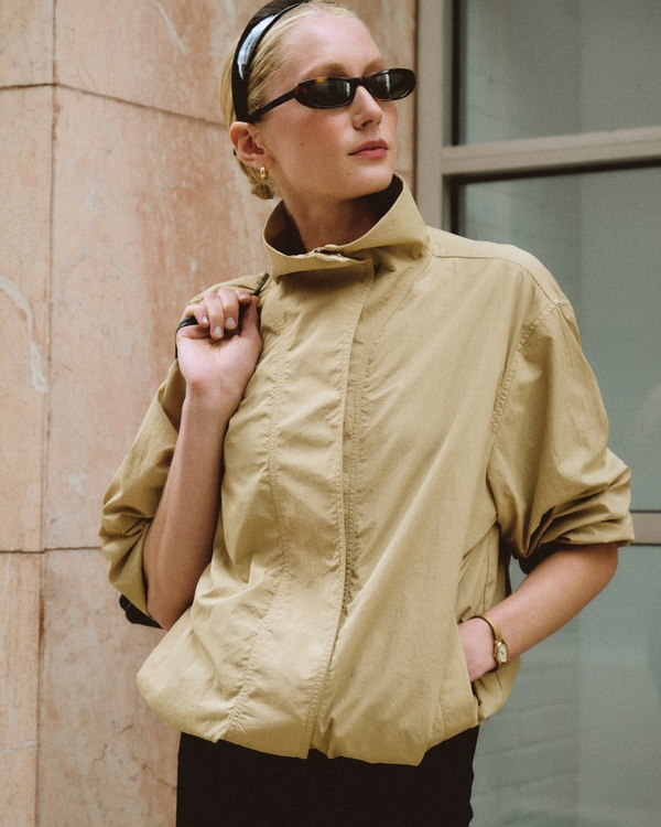 Nylon Mock Neck Jacket, Tan view 1