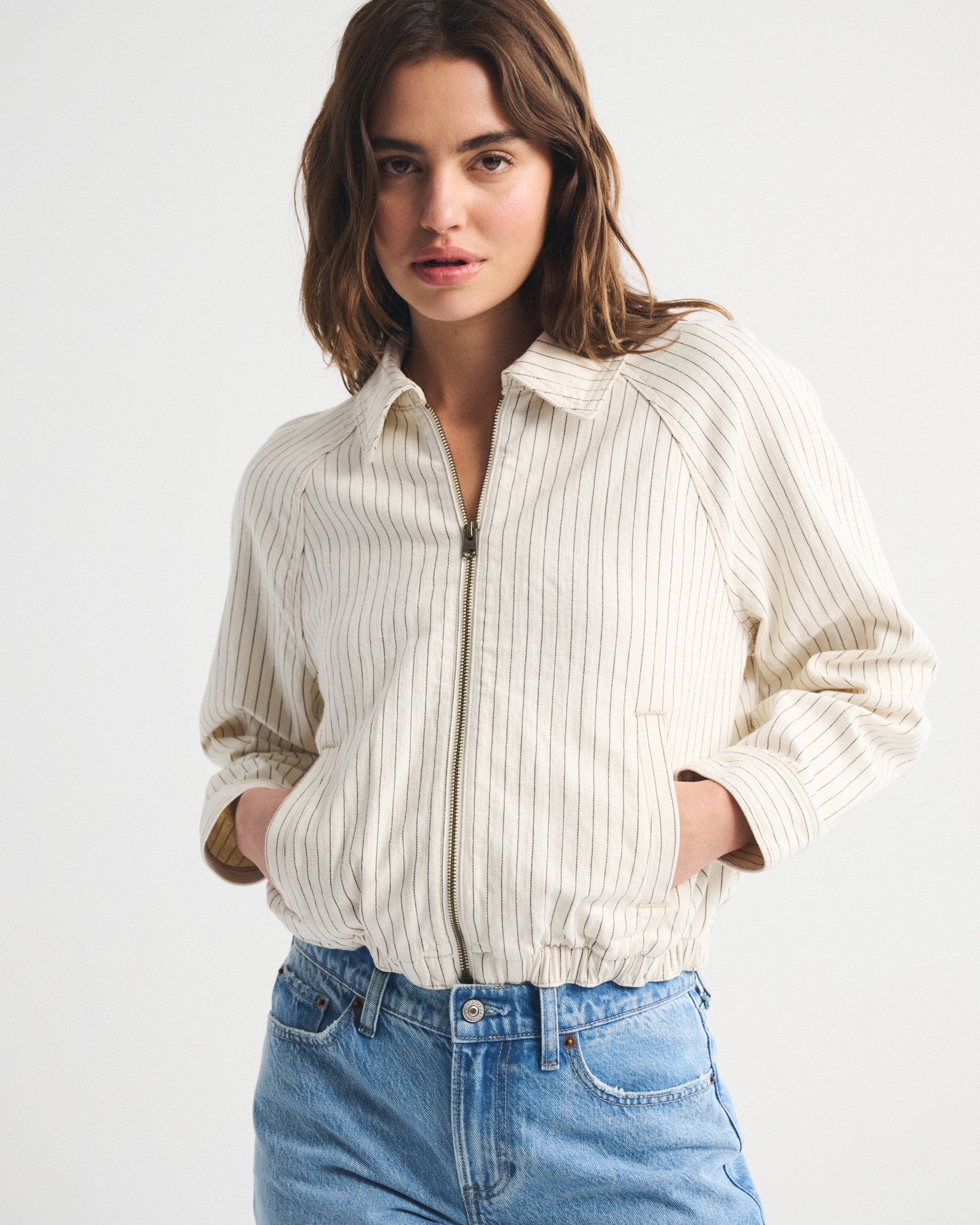 Linen-Blend Denim Bomber Jacket