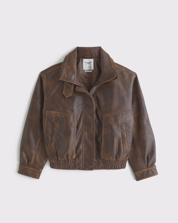 Funnel Neck Vegan Leather Bomber Jacket