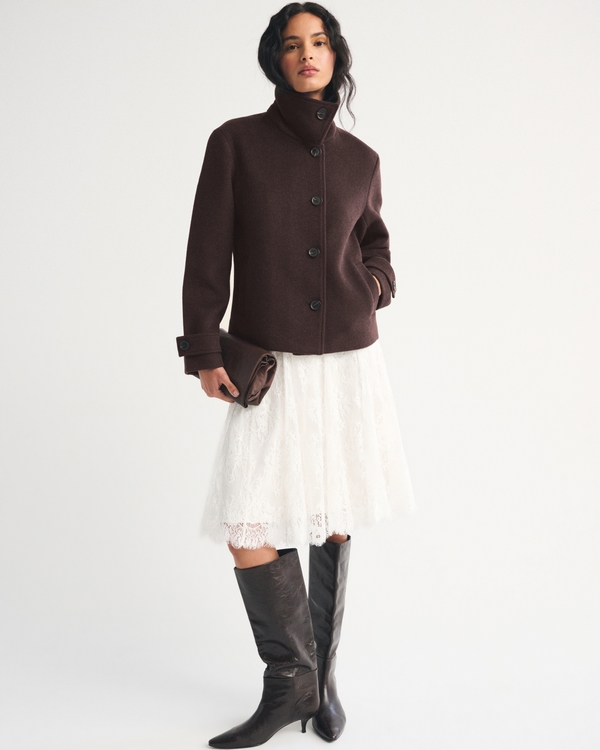 Funnel Neck Wool-Blend Short Coat, Dark Brown view 2