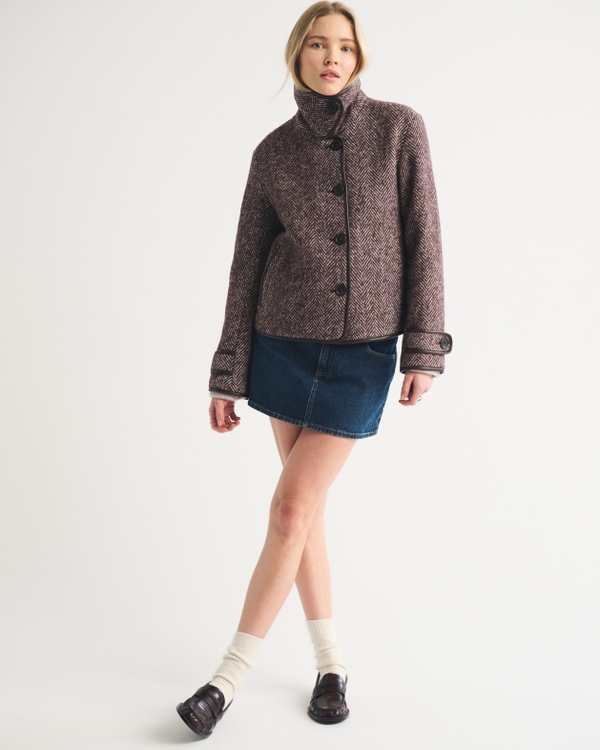 Funnel Neck Wool-Blend Short Coat, Brown Herringbone view 2