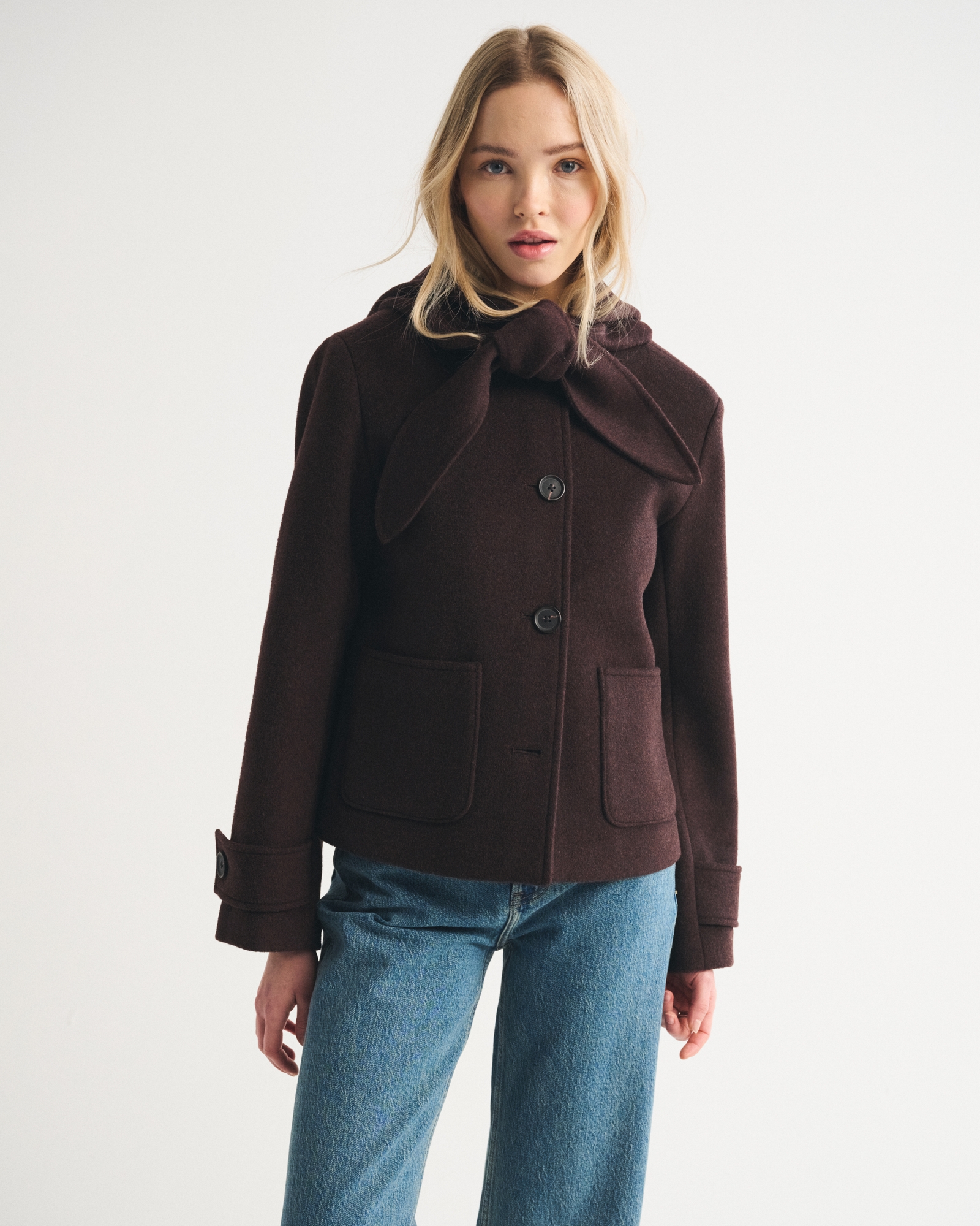 Collarless Removable Scarf Wool-Blend Coat
