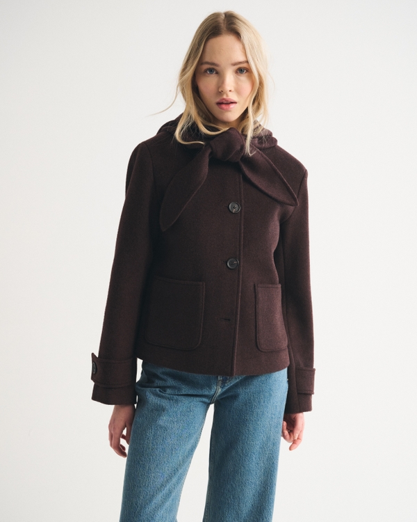 Collarless Removable Scarf Wool-Blend Coat, Dark Coffee view 1