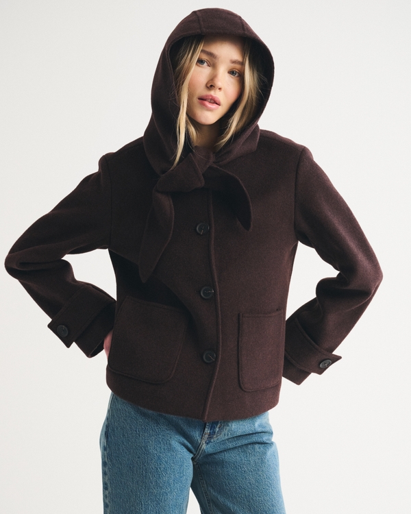 Collarless Removable Scarf Wool-Blend Coat, Dark Coffee view 2