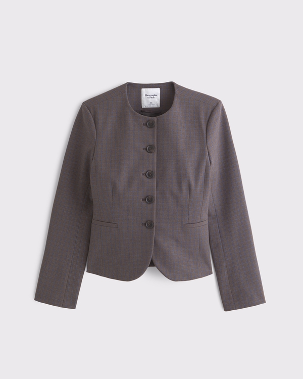 A&F Forme Collarless Slim Blazer, Brown Plaid view 1