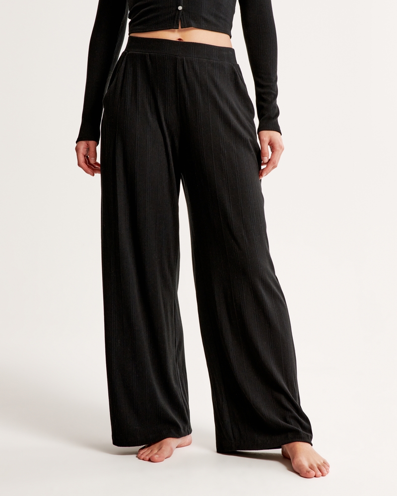 Alignment Petite Soft Rib High Waist Wide Leg Fold Over Trousers in Black