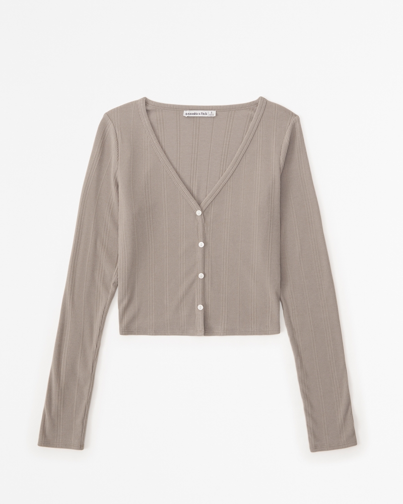 Long-Sleeve Ribbed Button-Through Top