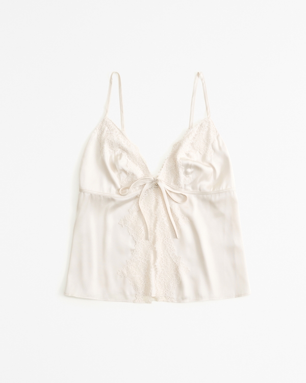 Lace and Satin Tie-Front Cami, Cream
