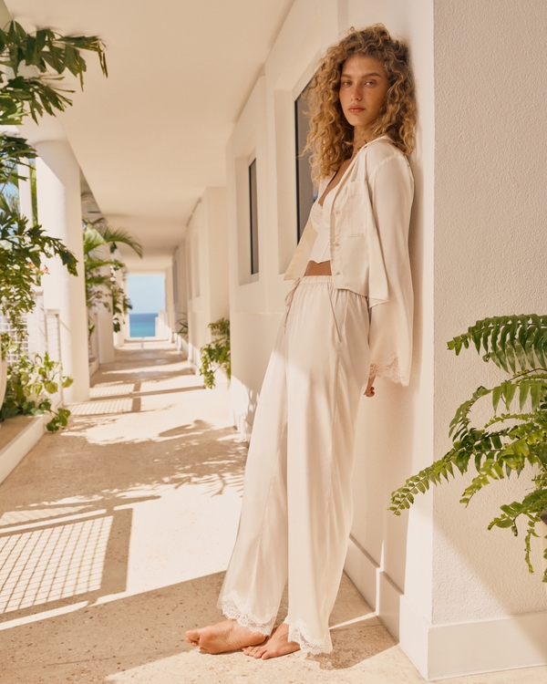 Lace and Satin Sleep Pant, Cream view 1