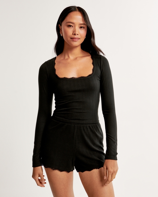 Lounge Long-Sleeve Pointelle Top, Black