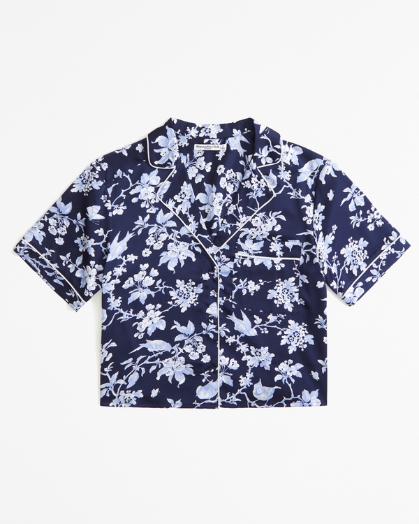 Short-Sleeve Satin Sleep Shirt, Navy Floral