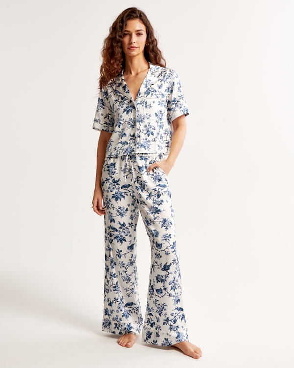 Satin Sleep Pant, White Floral