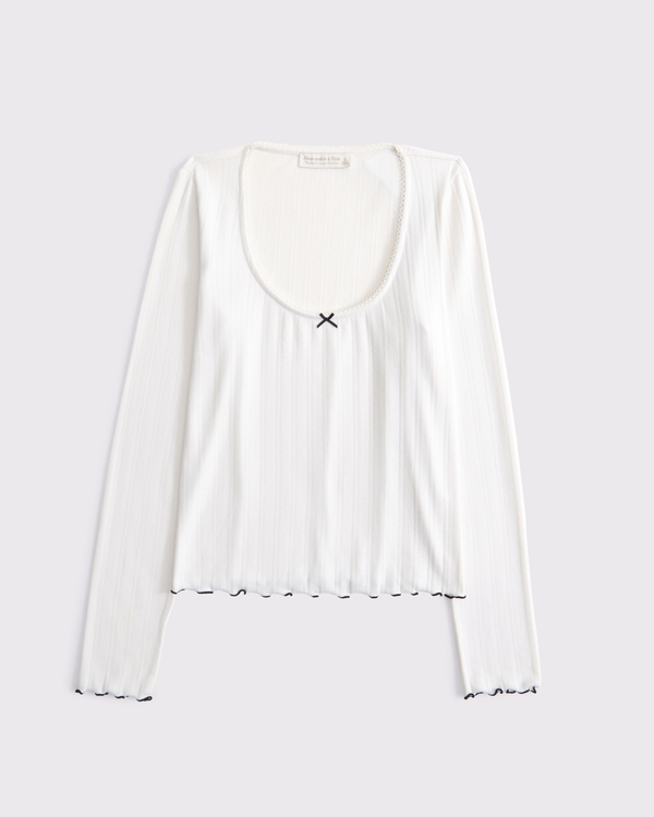 Long-Sleeve Pointelle Sleep Top, Cream view 1