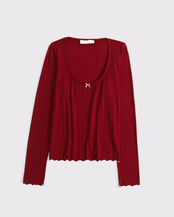 Long-Sleeve Pointelle Sleep Top, Rich Ruby