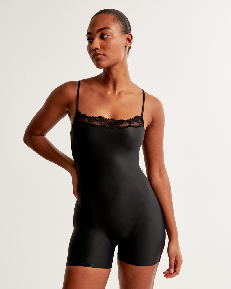 LACE-TRIMMED SEAMLESS BODYSUIT - Black