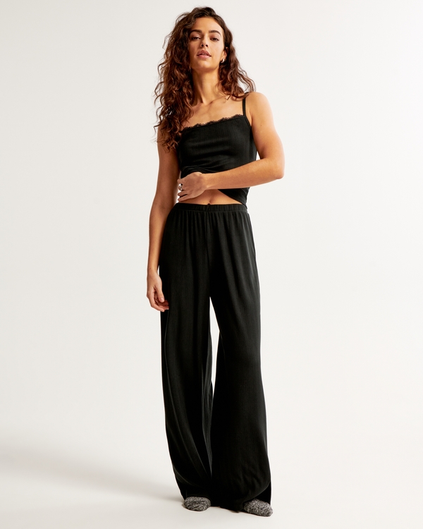 Pointelle Wide Leg Pant, Black view 1