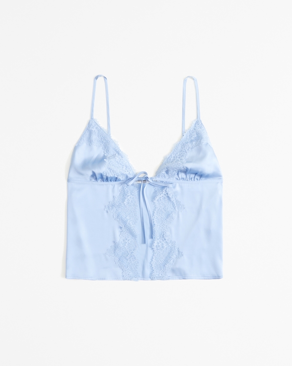 Lace and Satin Tie-Front Cami, Light Blue