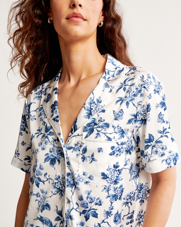 Short-Sleeve Satin Sleep Shirt, White Floral view 2