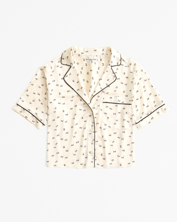 Short-Sleeve Satin Sleep Shirt, Cream Pattern