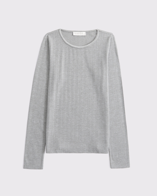 Long-Sleeve Pointelle Sleep Top, Gray view 1