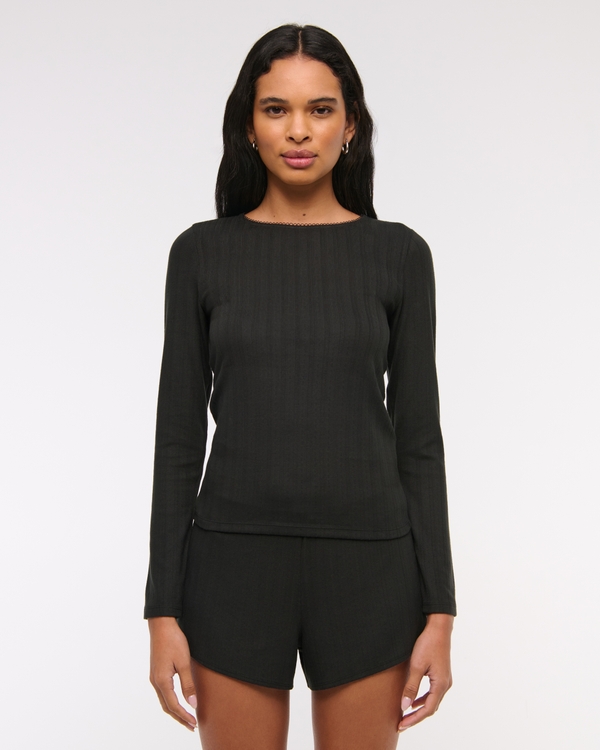 Long-Sleeve Pointelle Sleep Top, Black view 2