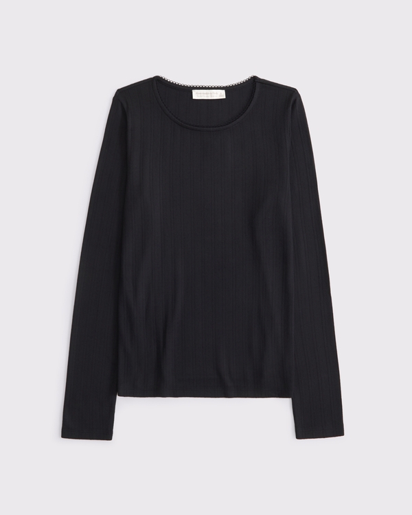 Long-Sleeve Pointelle Sleep Top, Black view 1