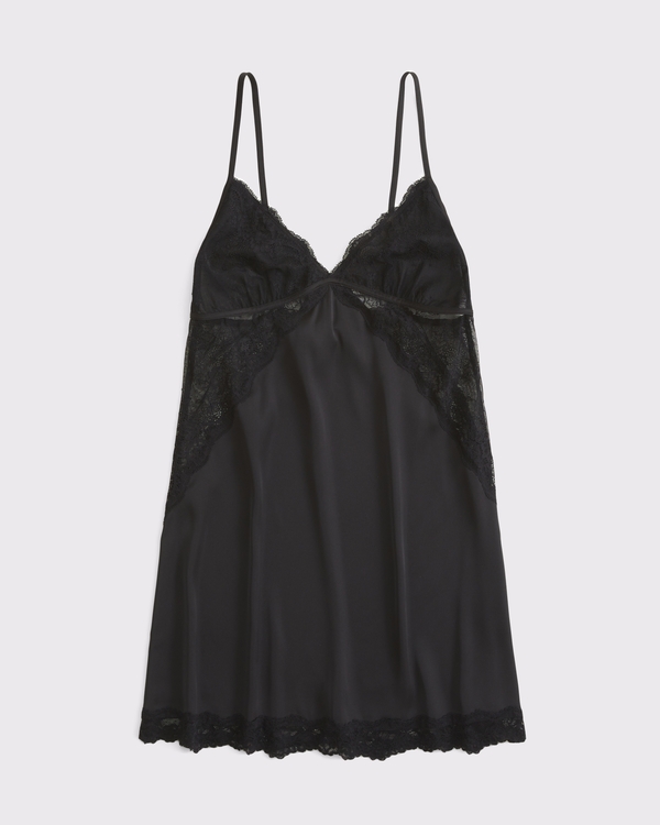 Sheer Lace-Trim Nightie, Black view 1