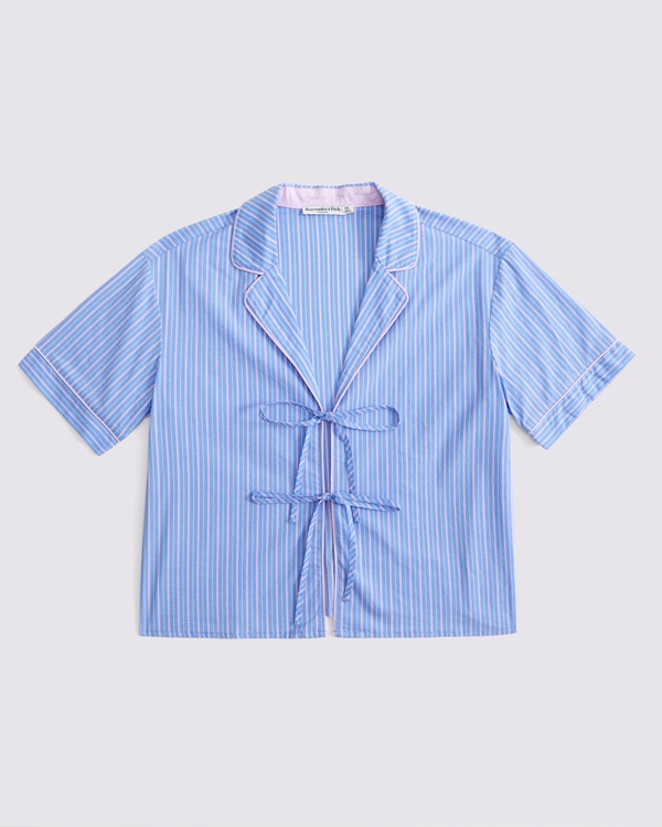Short-Sleeve Tie-Front Sleep Shirt, Pink And Blue Stripe view 1