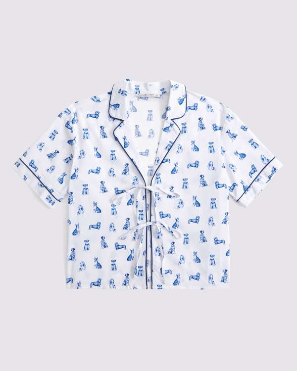 Short-Sleeve Tie-Front Sleep Shirt, White And Blue Dog Pattern view 1
