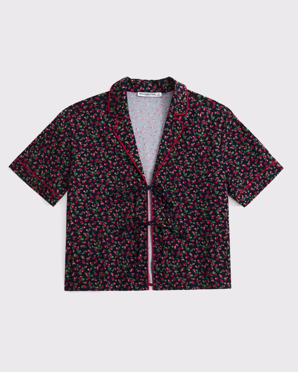 Short-Sleeve Tie-Front Sleep Shirt, Navy Strawberry Pattern view 1