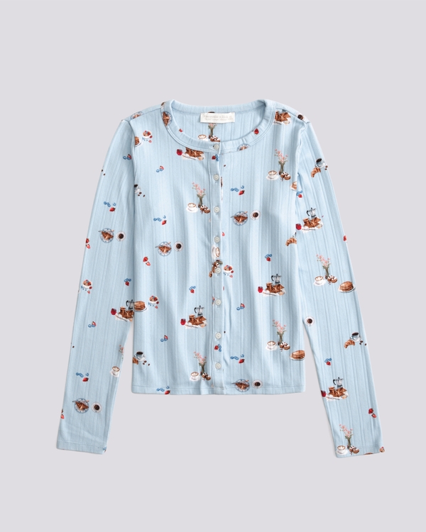 Long-Sleeve Pointelle Sleep Top, Blue Print view 1