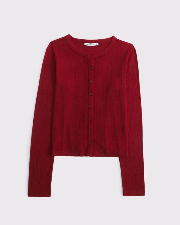 Long-Sleeve Pointelle Sleep Top, Rich Ruby view 1