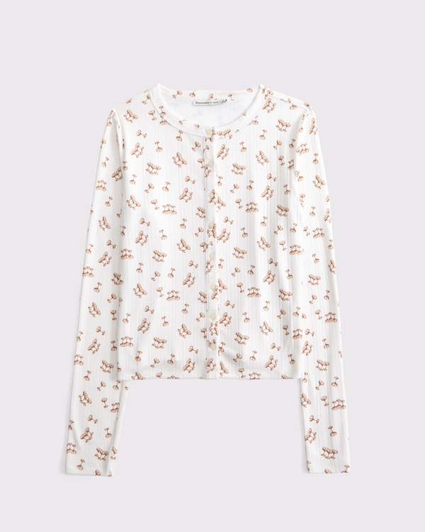 Long-Sleeve Pointelle Sleep Top, Cream Pattern view 1