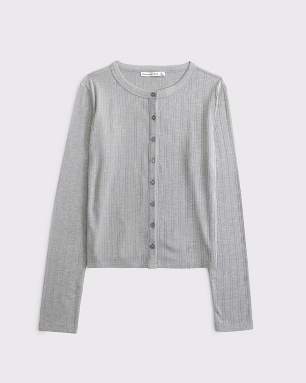 Long-Sleeve Pointelle Sleep Top, Gray view 1