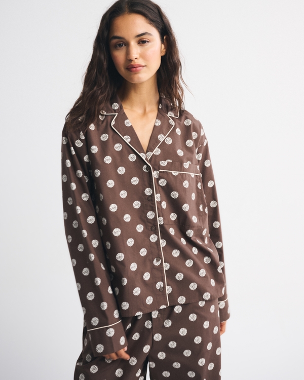 Cotton-Blend Sleep Shirt, Dark Brown Pattern view 1