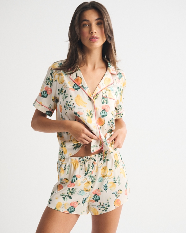 Satin Sleep Short, Cream Print view 1