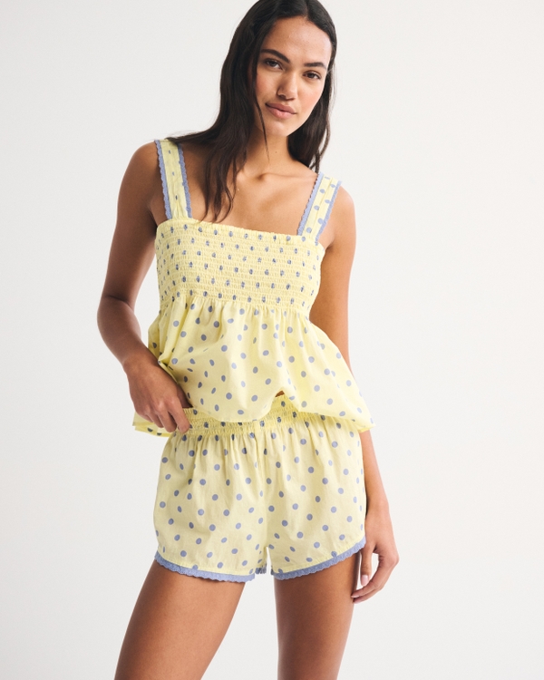 Smocked Waist Sleep Short, Yellow Polka Dot view 1